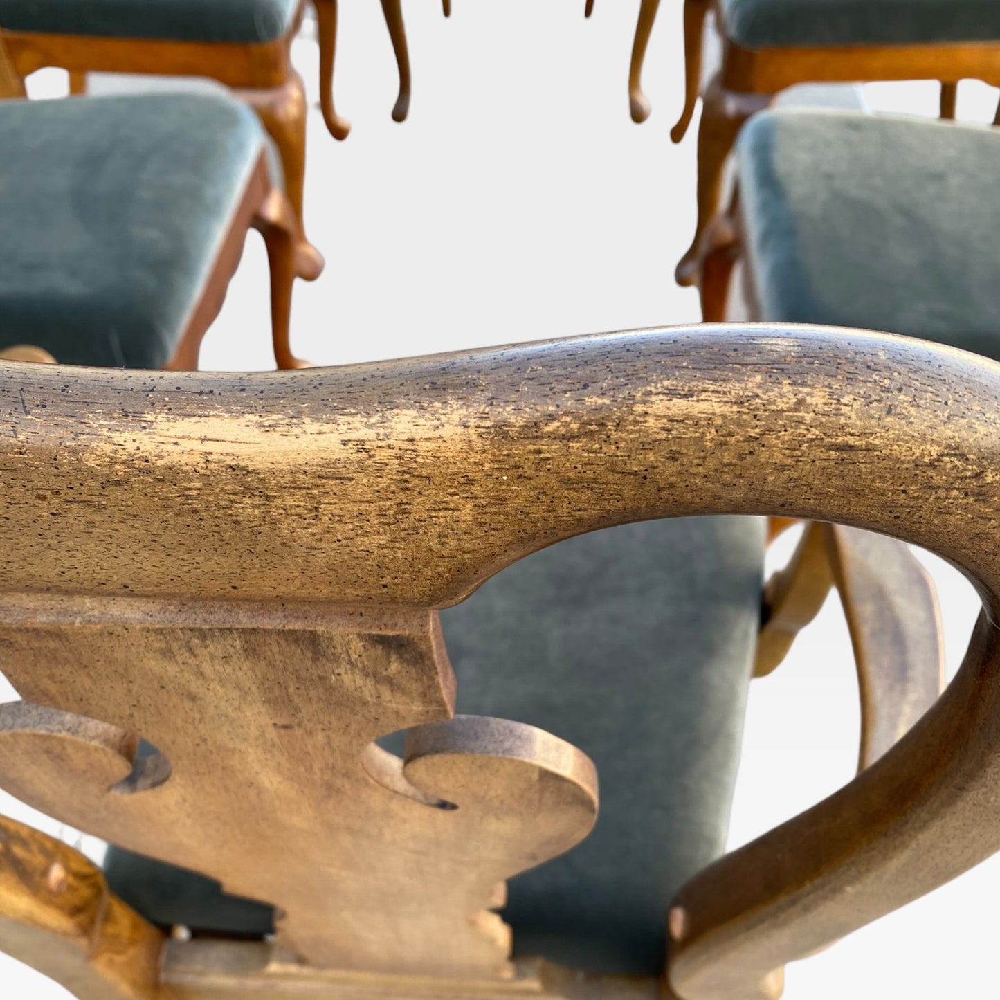 Set of Six Antique Queen Anne Walnut Dining Chairs with Slate-Blue Upholstery