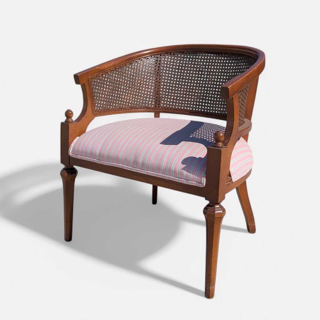 1970s Regency-Style Wood and Cane Barrel-Back Armchair