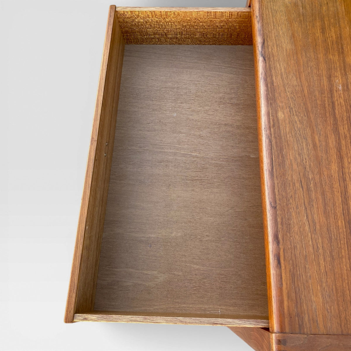 Mid-Century Modern D-Scan Captain Line Tallboy Dresser in Teak with Brass Pulls