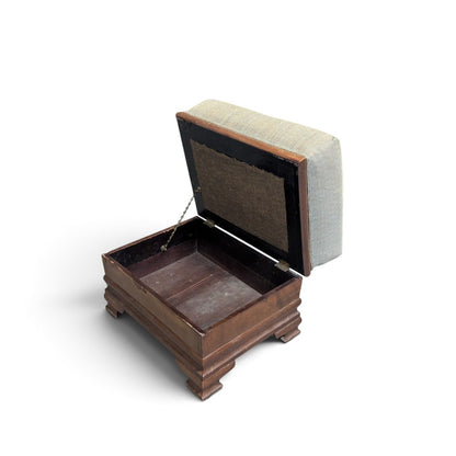 Early-to-Mid 20th Century Upholstered Wood Storage Ottoman with Hinged Lid