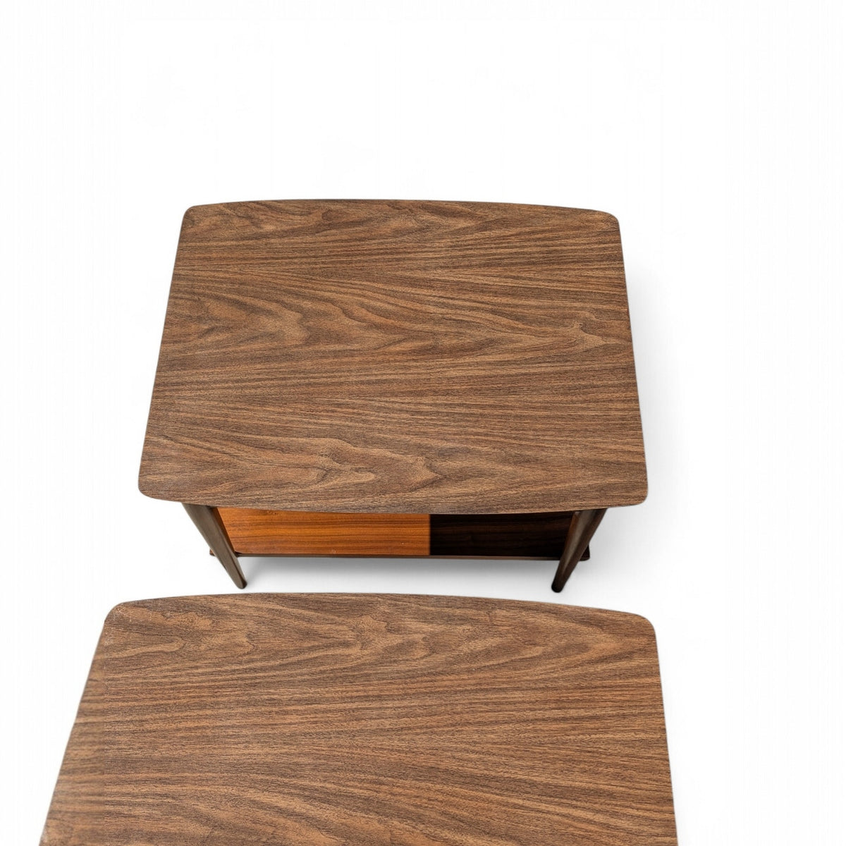 Pair of 1960s Lane Walnut Nightstands with Drawers and Lower Shelves