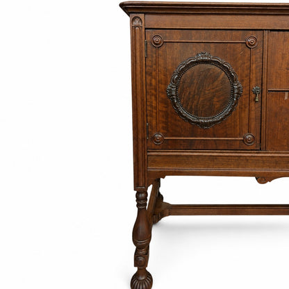 Antique Jacobean Revival Figured Wood Sideboard with Carved Medallions
