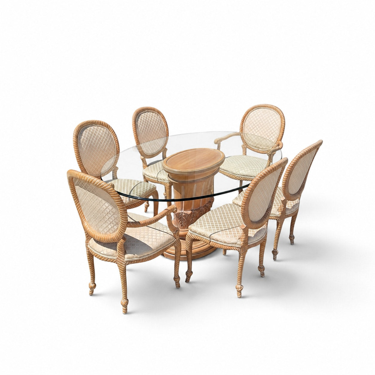 Vintage Carved Wood Oval Glass Dining Set with Six Upholstered Chairs — view 13 of 16