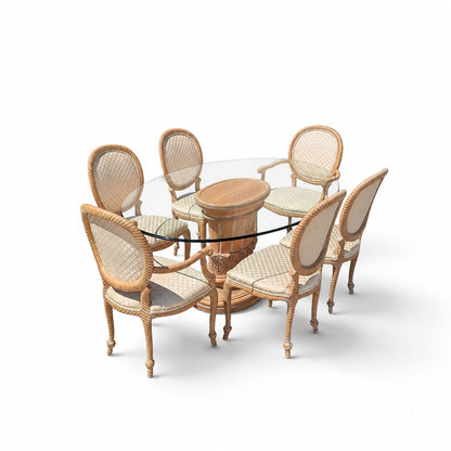 Vintage Carved Wood Oval Glass Dining Set with Six Upholstered Chairs