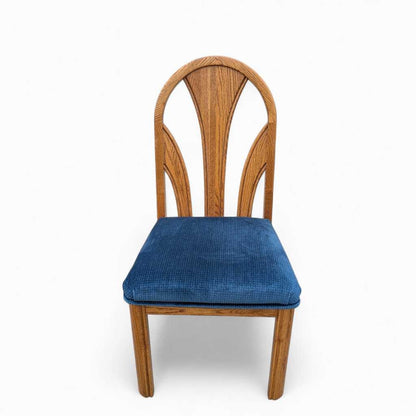 Set of 6 Postmodern Dining Chairs – Oak Frame, Blue Velvet Polka Dot Seats, 1980s