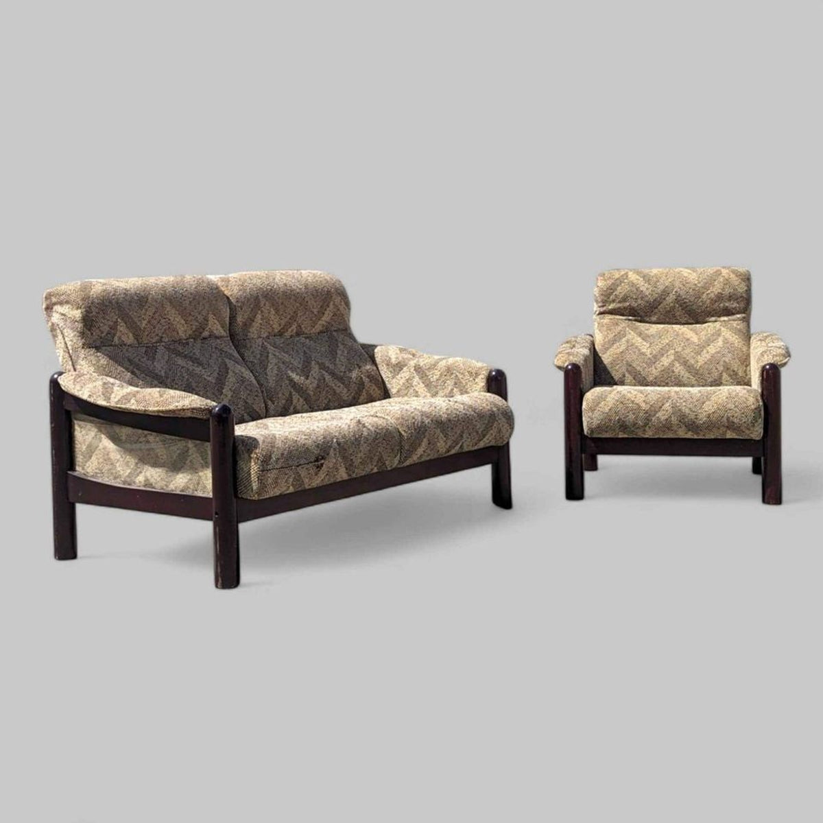 Vintage Wood-Frame Loveseat and Lounge Chair Set