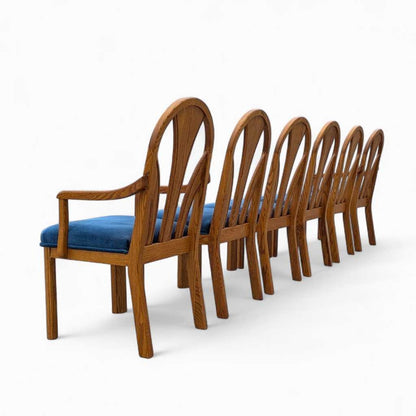 Set of 6 Postmodern Dining Chairs – Oak Frame, Blue Velvet Polka Dot Seats, 1980s