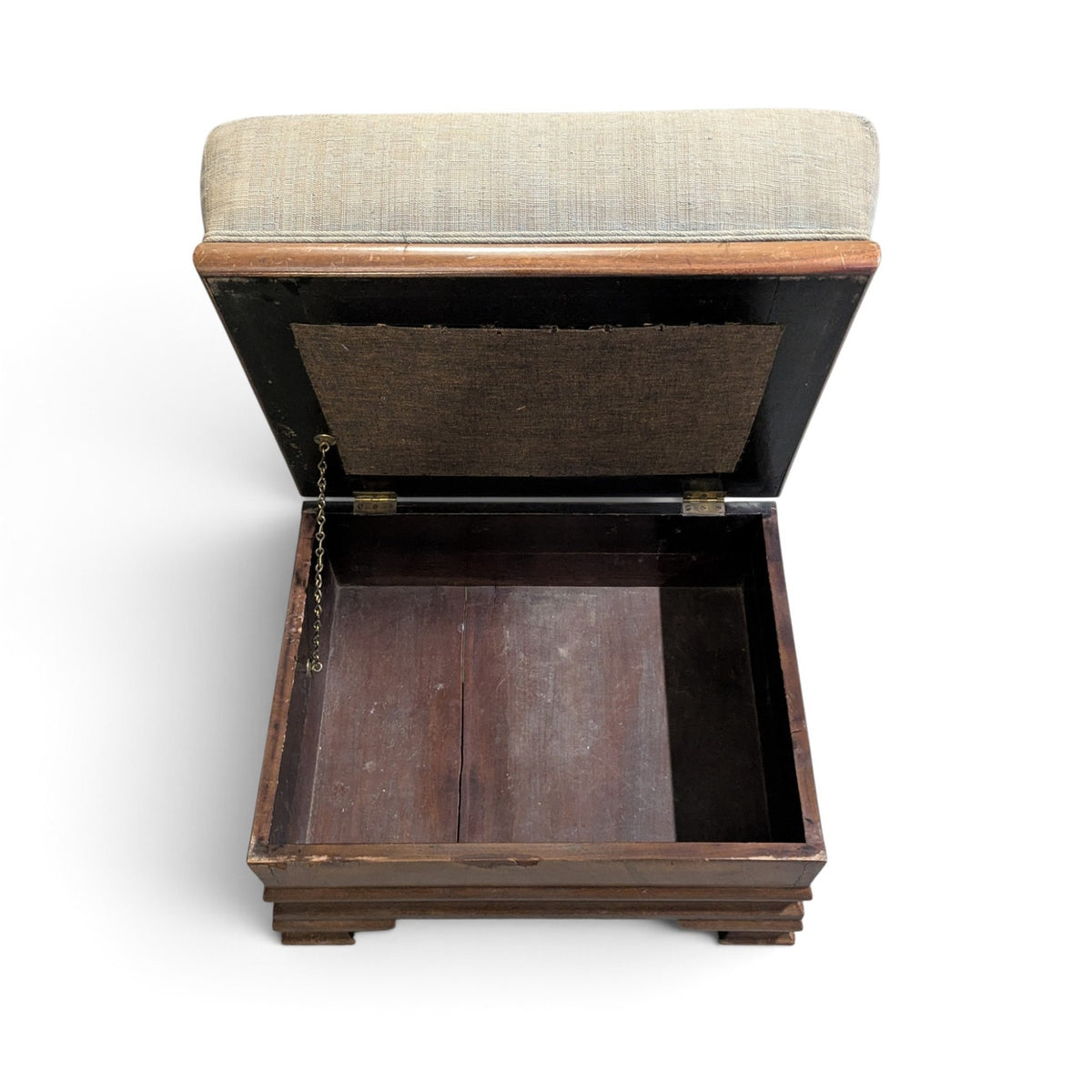 Early-to-Mid 20th Century Upholstered Wood Storage Ottoman with Hinged Lid — view 14 of 16