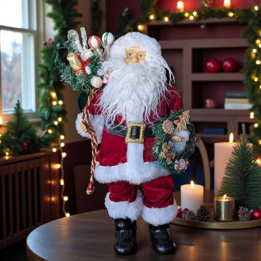 Large Vintage Santa Figurine Holding Wreath & Staff, 18” Christmas Decor, Holiday Display Figure, 1990s Santa