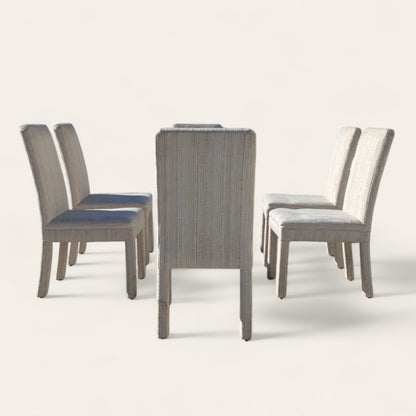 Set of 6 Postmodern 1980s Dining Chairs – Cream Textured Fabric w/ Subtle Color Flecks, Sculptural Silhouette