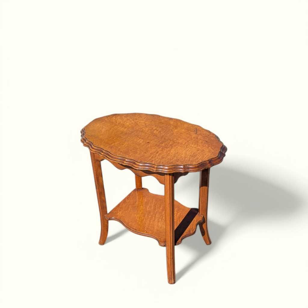 Vintage Oval Wood Side Table with Scalloped Edge and Lower Shelf