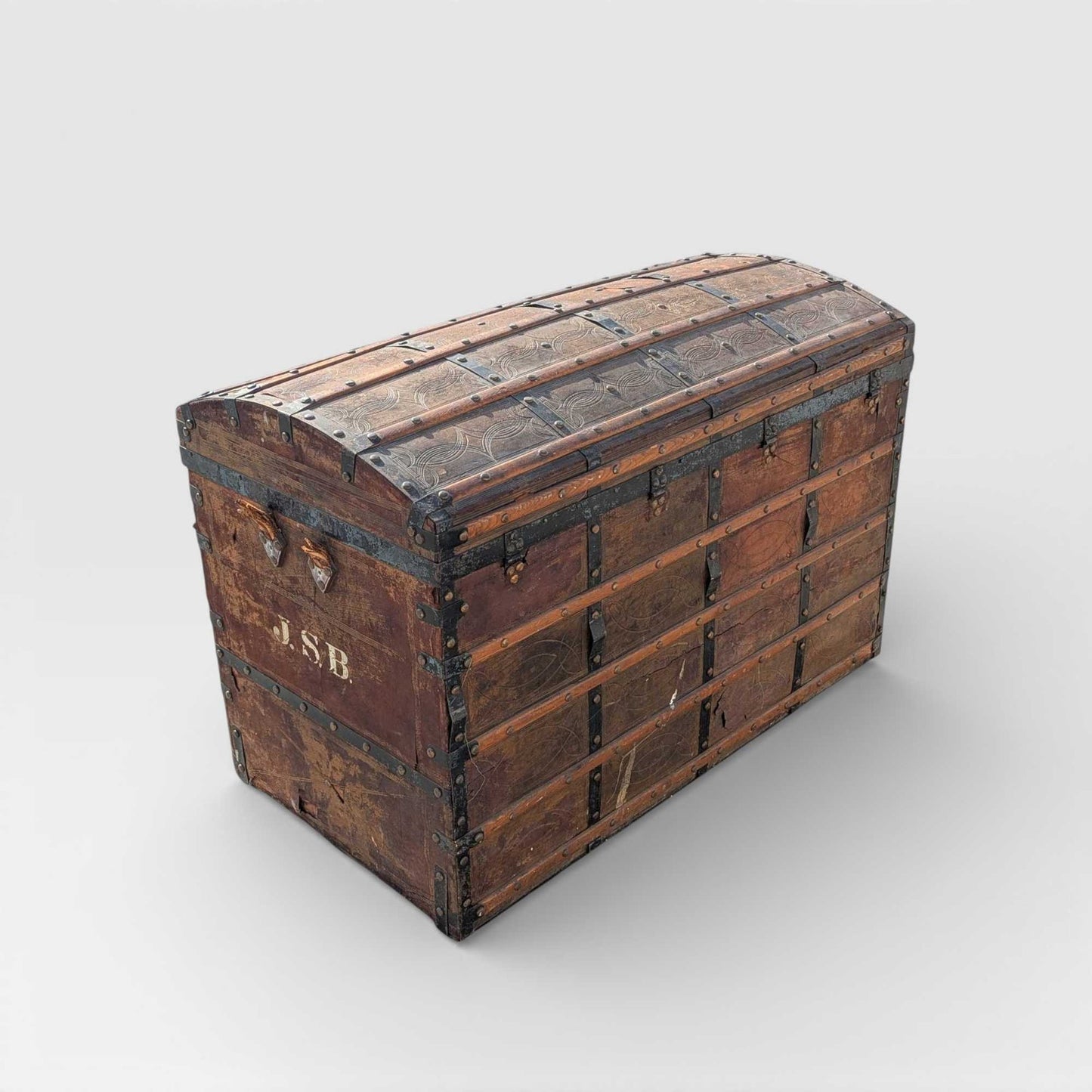 Antique Dome-Top Wooden Trunk with Original Iron Hardware and Patina, Late 19th Century
