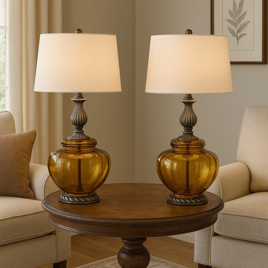 Pair of Vintage Amber Glass Table Lamps with Brass Accents | Hollywood Regency Mid-Century Lighting