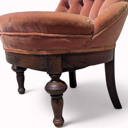Victorian Style Tufted Slipper Chair – Pink Velvet Upholstery, Carved Wood Base, Antique Accent Chair