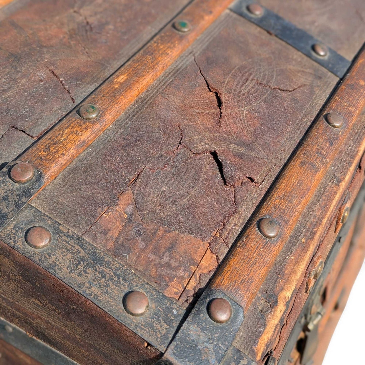 Antique Dome-Top Wooden Trunk with Original Iron Hardware and Patina, Late 19th Century