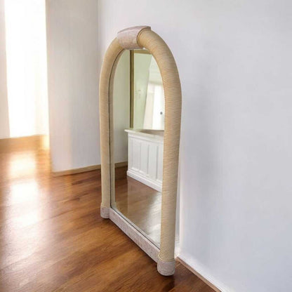 Vintage Arch Mirror, Karl Springer Style – Postmodern Tessellated Stone & Rope Detail, 48" Tall, 1980s Vintage Glam Statement