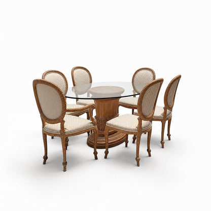 Vintage Carved Wood Oval Glass Dining Set with Six Upholstered Chairs