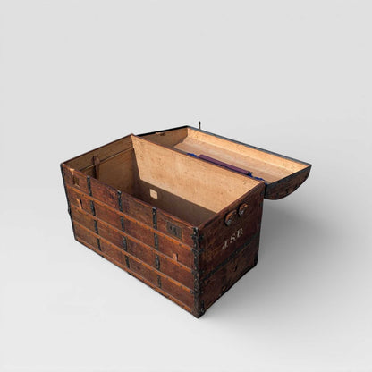 Antique Dome-Top Wooden Trunk with Original Iron Hardware and Patina, Late 19th Century