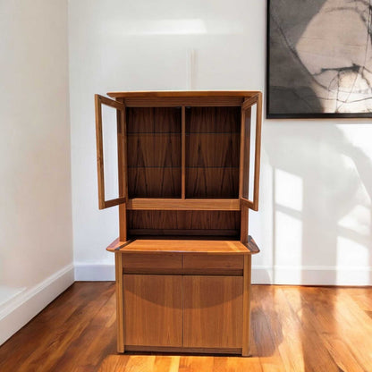 Vintage Teak Hutch Cabinet – 2-Piece Mid Century Display Cabinet w/ Glass Doors, 1960s Danish Modern Style