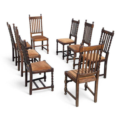 Eight Antique Dining Chairs – Vintage Wooden Chairs, Set of 8, Oak, Barley Twist, Rustic, Farmhouse, Traditional, Dining, Kitchen