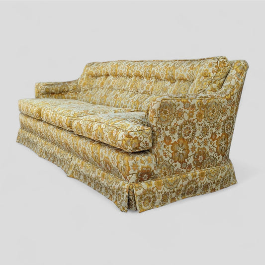 Vintage Hollywood Regency Floral Brocade Tufted Sofa, Yellow, Maximalist, MCM, Retro, Fun, Living Room