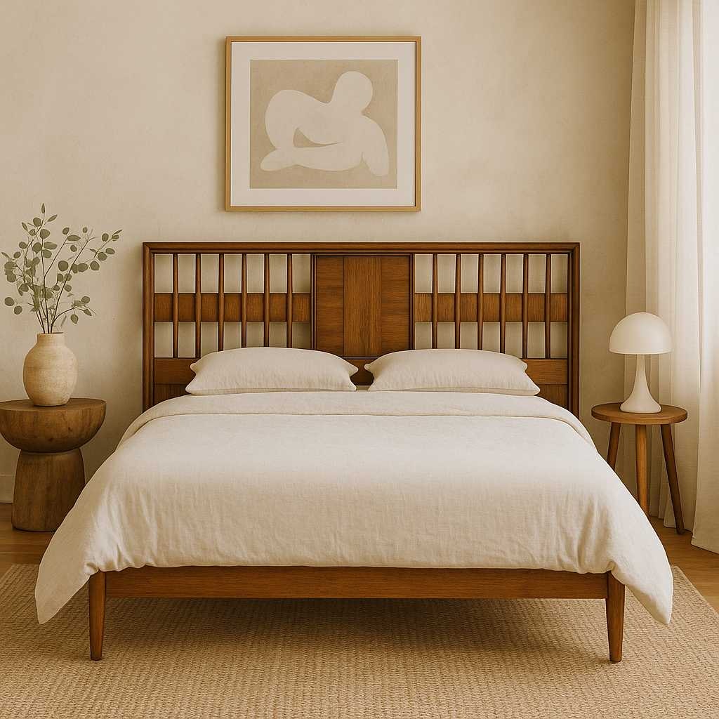 Vintage Walnut Veneer King Headboard with Chrome Trim, MCM