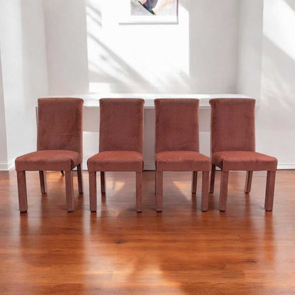 Set of 4 Postmodern Dining Chairs – 1980s Salmon Pink Velvet Upholstery, High Back Chairs, Vintage Modern Design, Sculptural Seating