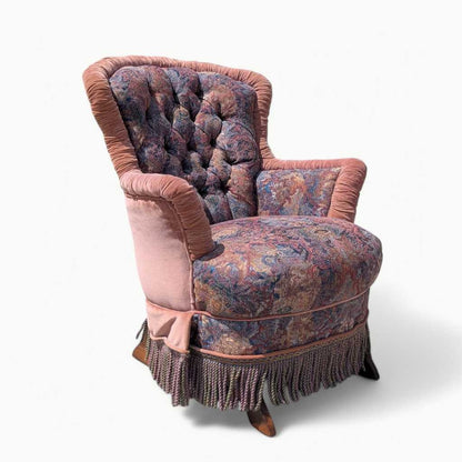 Antique Tufted Rocking Chair – Custom Upholstered Victorian Accent Chair with Fringe Trim & Floral Velvet Fabric