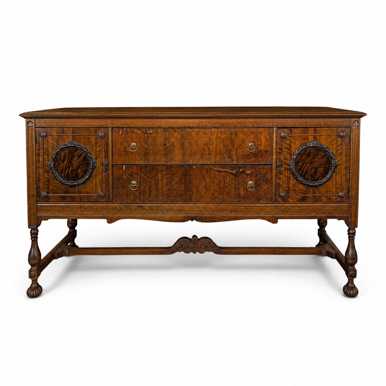 Antique Jacobean Revival Figured Wood Sideboard with Carved Medallions