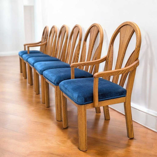 Set of 6 Postmodern Dining Chairs – Oak Frame, Blue Velvet Polka Dot Seats, 1980s