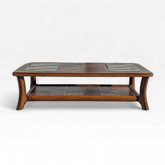Vintage Oak Coffee Table Smoked Glass Insets