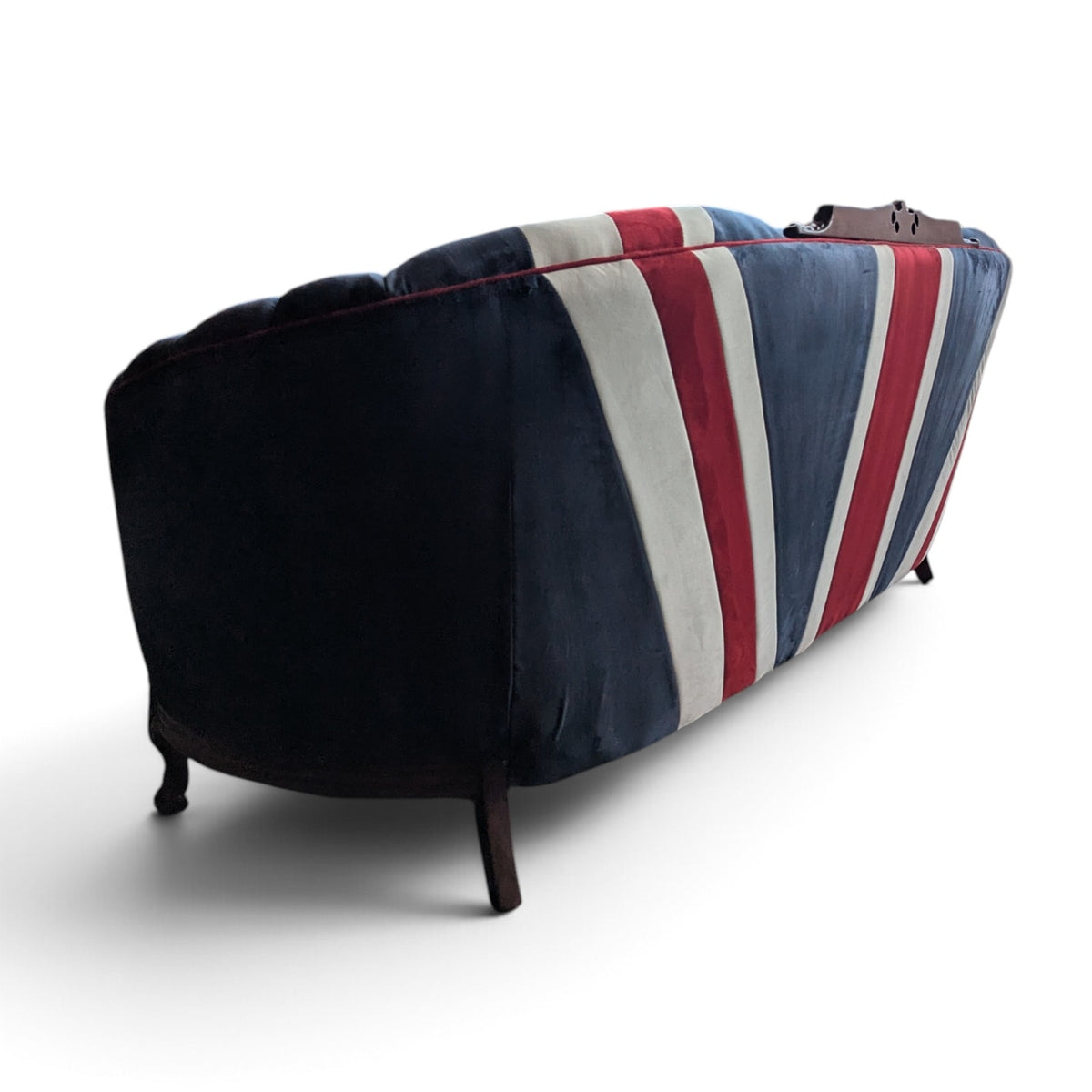 Vintage Union Jack Upholstered Sofa with Ornate Carved Wood Frame