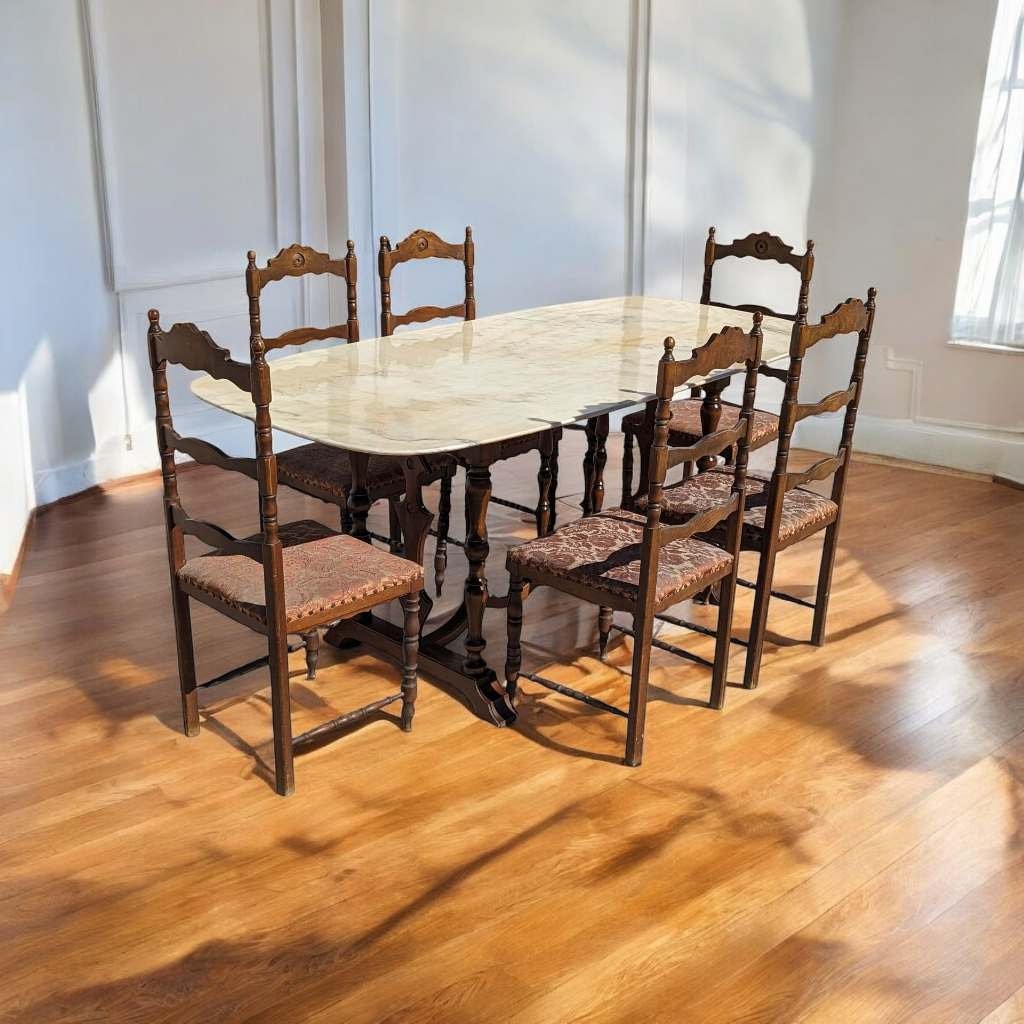 Antique Italian Oval Marble-Top Dining Table with Turned Wood Trestle Base