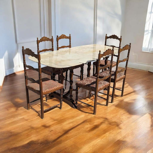 Antique Italian Oval Marble-Top Dining Table with Turned Wood Trestle Base