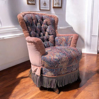 Antique Tufted Rocking Chair – Custom Upholstered Victorian Accent Chair with Fringe Trim & Floral Velvet Fabric