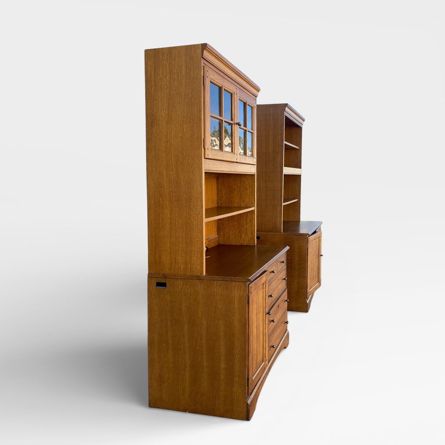 Cottage-Style Oak Hutch Cabinets, Pair