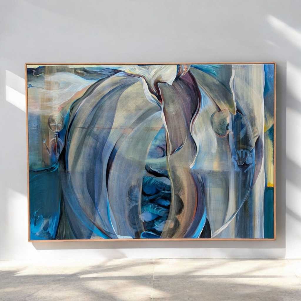 Large Abstract Painting 'Africa,' Signed and Dated 1988, Blue Framed Canvas