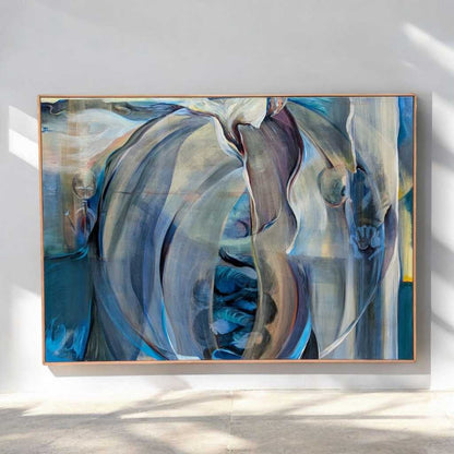 Large Abstract Painting 'Africa,' Signed and Dated 1988, Blue Framed Canvas