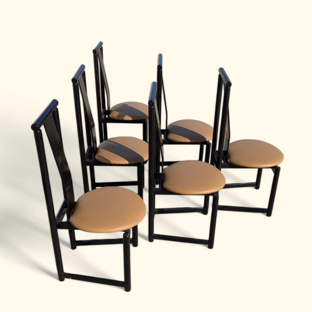 Set of Six BiF Postmodern Black Lacquer Dining Chairs, 1980s — view 16 of 16