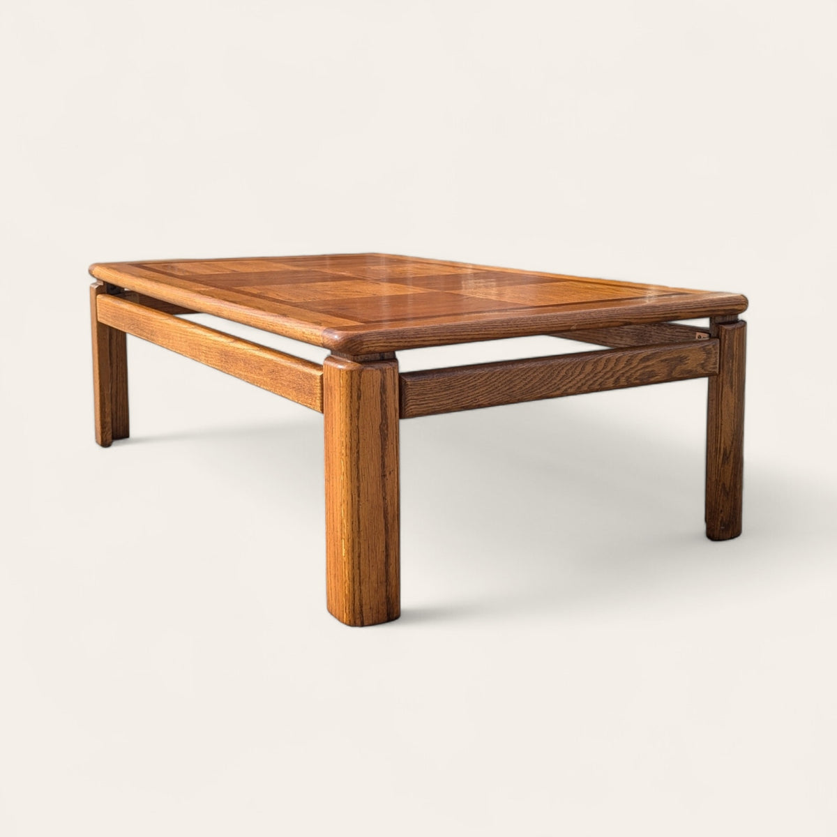 1980s Mid-Century Oak Coffee Table with Checkered Parquet Top
