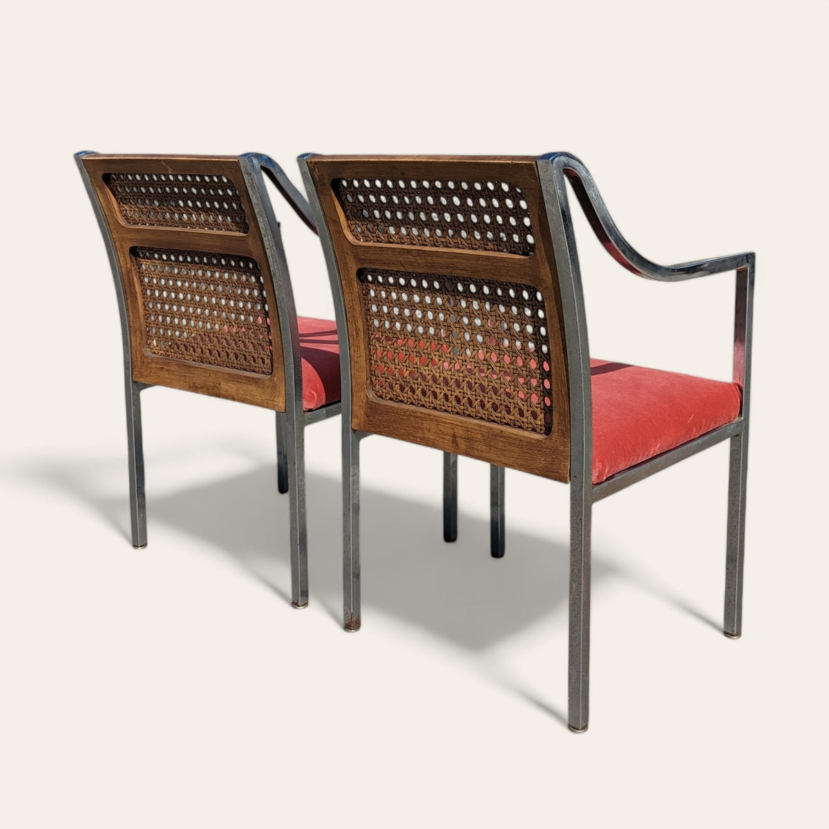 Pair of Mid-Century Chrome and Cane-Back Armchairs in Pink Velvet