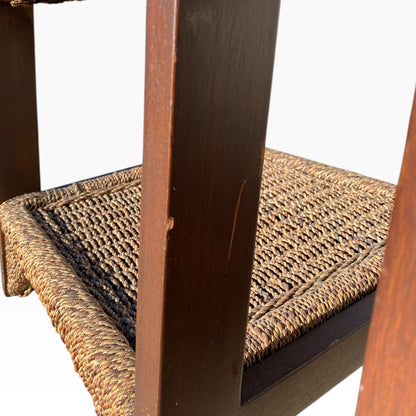 Pair of Sculptural Wooden Étagère Shelves with Woven Rush Shelves, Mid-20th Century