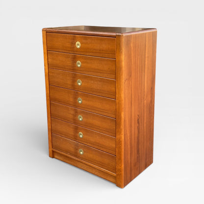 Mid-Century Modern D-Scan Captain Line Tallboy Dresser in Teak with Brass Pulls