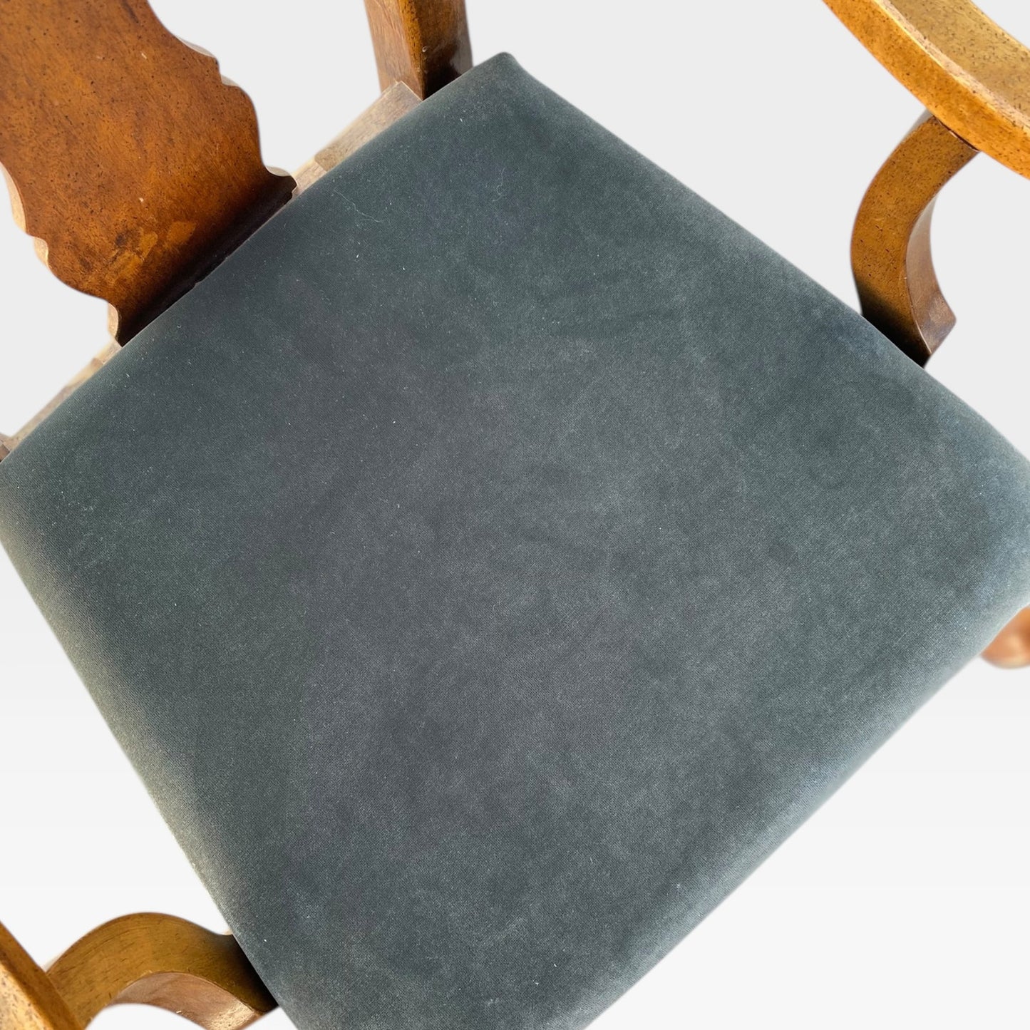 Set of Six Antique Queen Anne Walnut Dining Chairs with Slate-Blue Upholstery