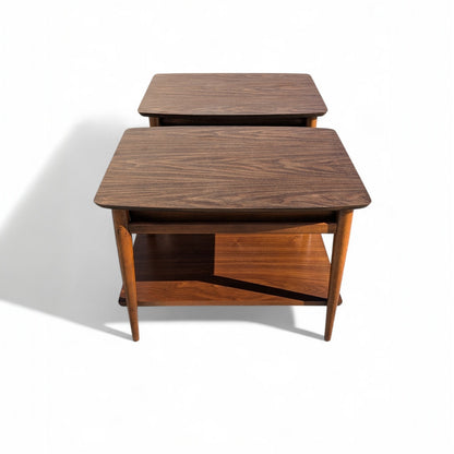Pair of 1960s Lane Walnut Nightstands with Drawers and Lower Shelves