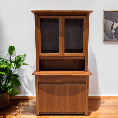 Vintage Teak Hutch Cabinet – 2-Piece Mid Century Display Cabinet w/ Glass Doors, 1960s Danish Modern Style