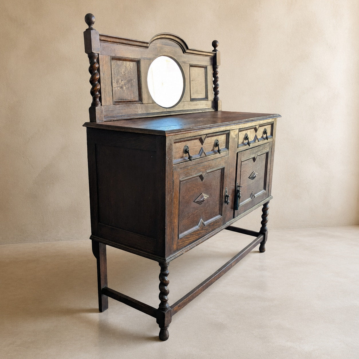 Antique Jacobean Revival Buffet with Mirrored Gallery and Barley-Twist Legs — view 1 of 16