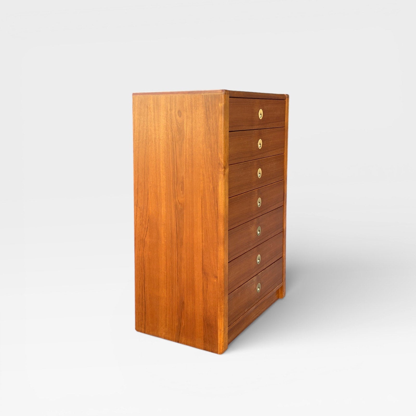 Mid-Century Modern D-Scan Captain Line Tallboy Dresser in Teak with Brass Pulls — view 2 of 16