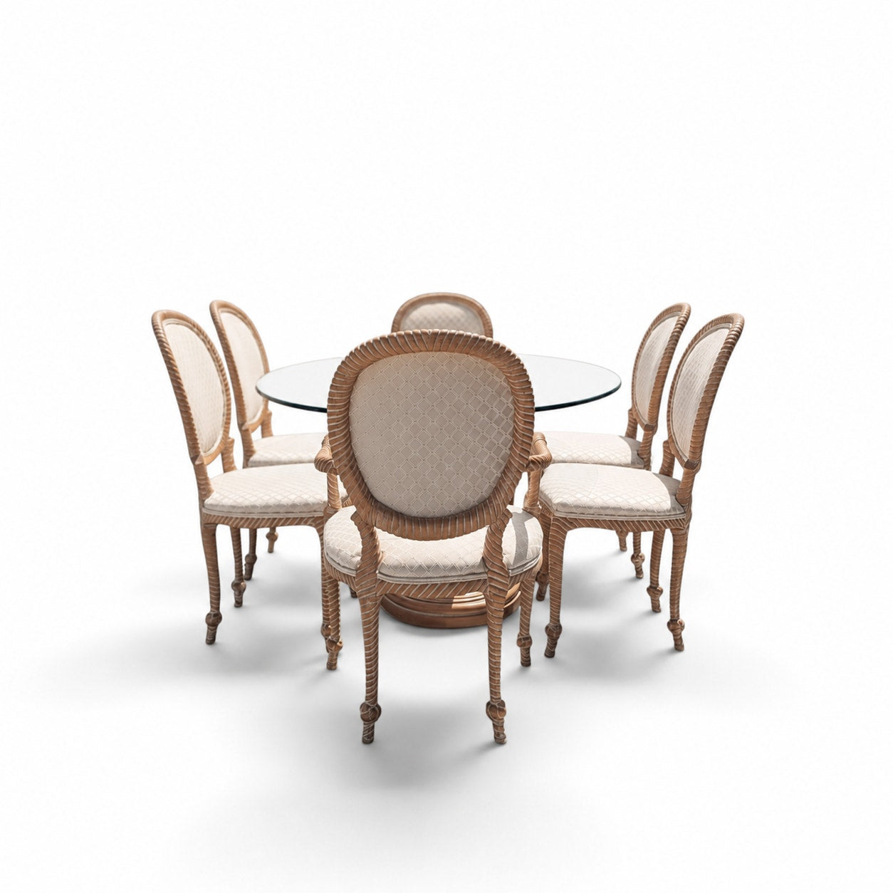 Vintage Carved Wood Oval Glass Dining Set with Six Upholstered Chairs