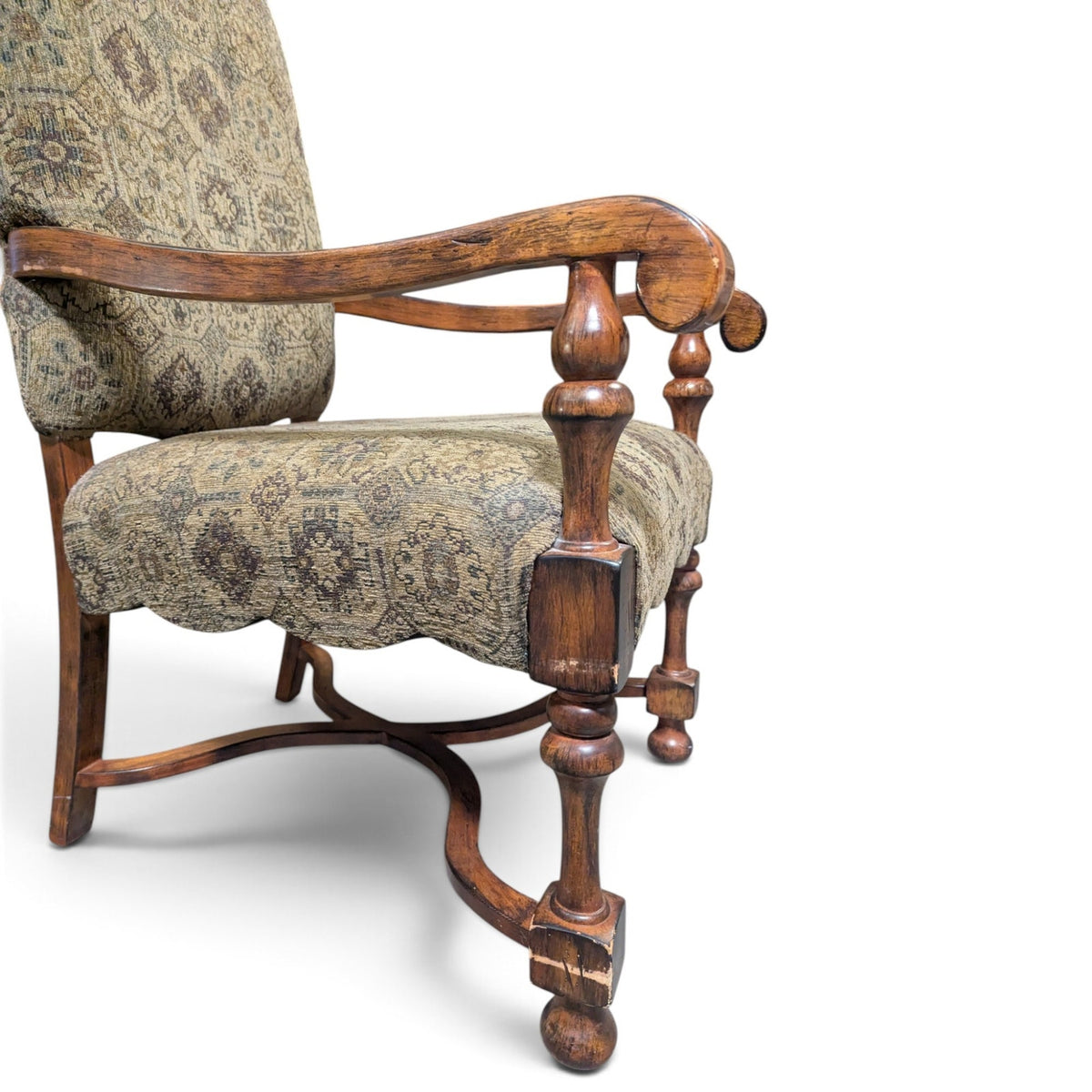 Louis XIII-Style High-Back Wood Armchair with Tapestry Upholstery — view 4 of 13